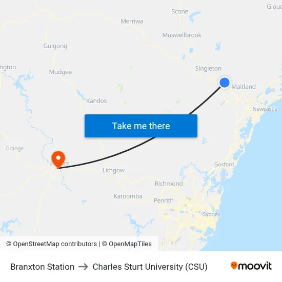 Branxton Station to Charles Sturt University (CSU) map