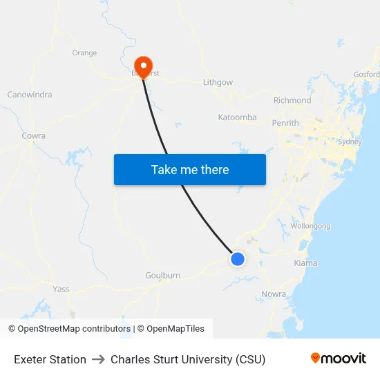 Exeter Station to Charles Sturt University (CSU) map