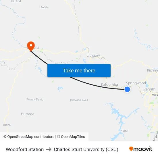 Woodford Station to Charles Sturt University (CSU) map