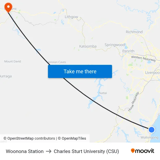 Woonona Station to Charles Sturt University (CSU) map