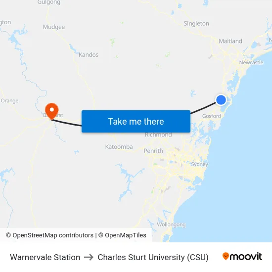 Warnervale Station to Charles Sturt University (CSU) map