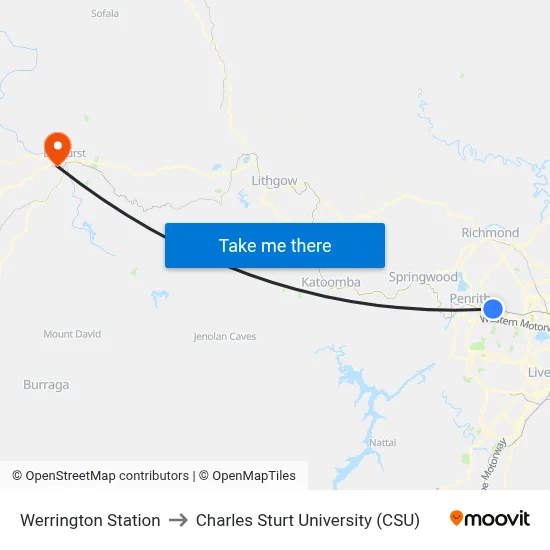 Werrington Station to Charles Sturt University (CSU) map