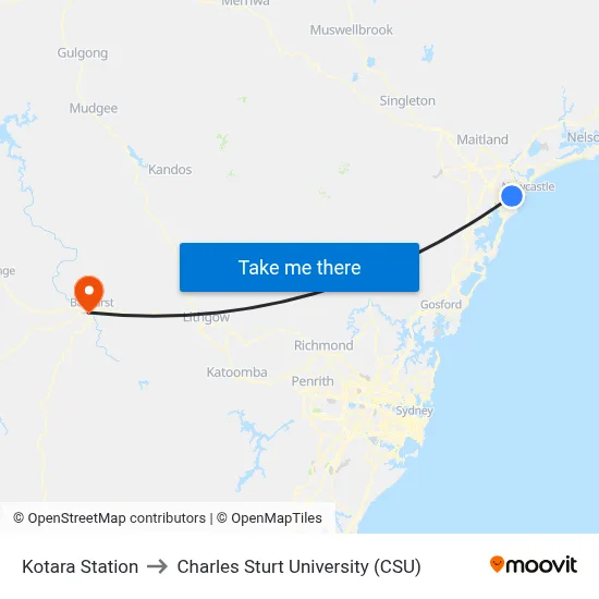 Kotara Station to Charles Sturt University (CSU) map