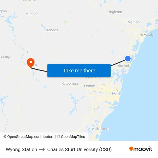 Wyong Station to Charles Sturt University (CSU) map