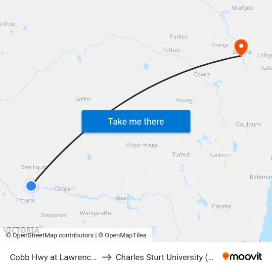 Cobb Hwy at Lawrence St to Charles Sturt University (CSU) map