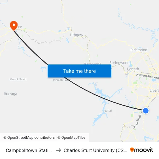 Campbelltown Station to Charles Sturt University (CSU) map