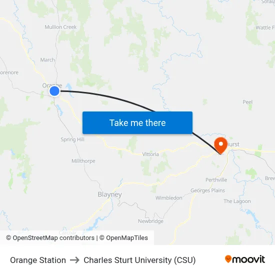 Orange Station to Charles Sturt University (CSU) map
