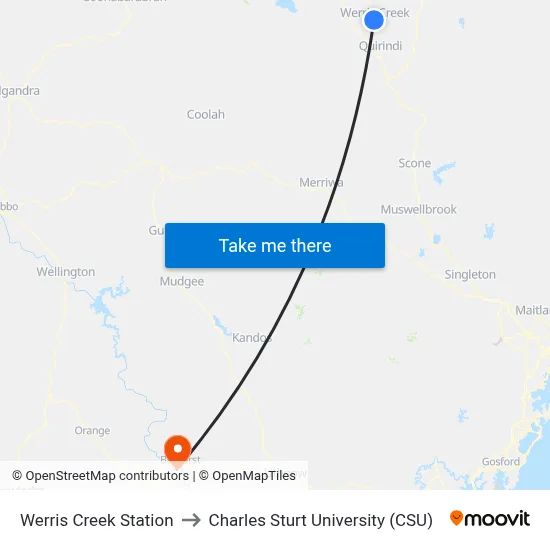 Werris Creek Station to Charles Sturt University (CSU) map