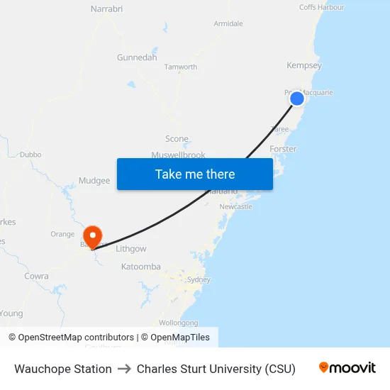 Wauchope Station to Charles Sturt University (CSU) map