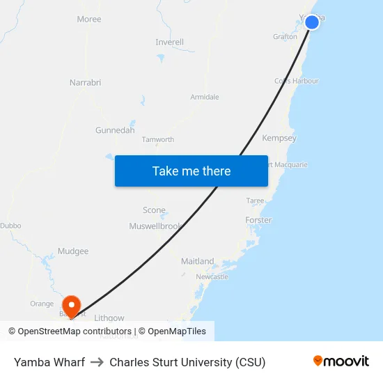 Yamba Wharf to Charles Sturt University (CSU) map