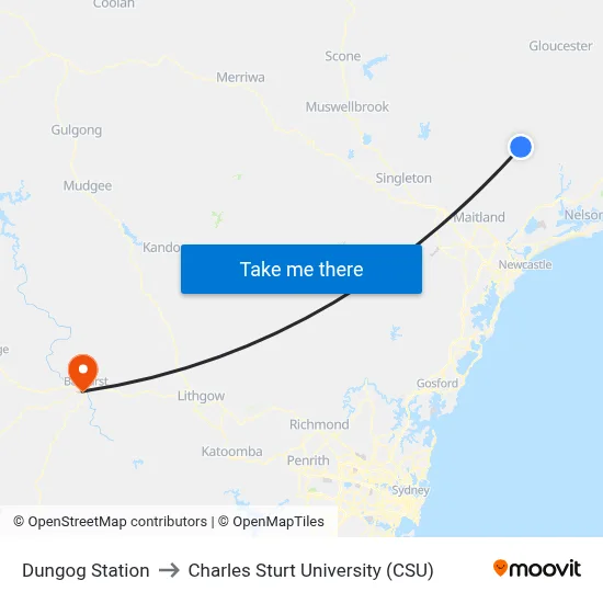 Dungog Station to Charles Sturt University (CSU) map