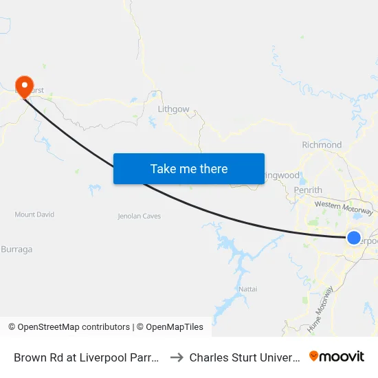 Brown Rd at Liverpool Parramatta Tway to Charles Sturt University (CSU) map