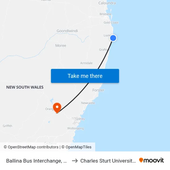 Ballina Bus Interchange, Tamar St to Charles Sturt University (CSU) map