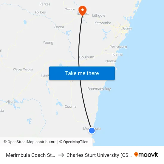 Merimbula Coach Stop to Charles Sturt University (CSU) map