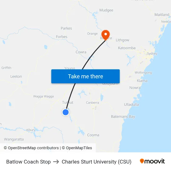 Batlow Coach Stop to Charles Sturt University (CSU) map