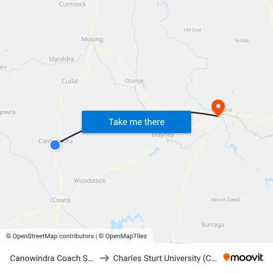 Canowindra Coach Stop to Charles Sturt University (CSU) map