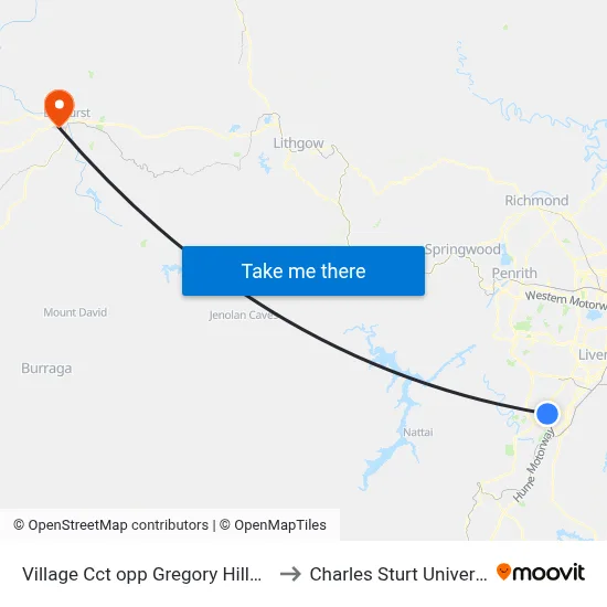 Village Cct opp Gregory Hills Town Centre to Charles Sturt University (CSU) map
