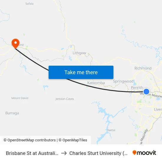 Brisbane St at Australia St to Charles Sturt University (CSU) map