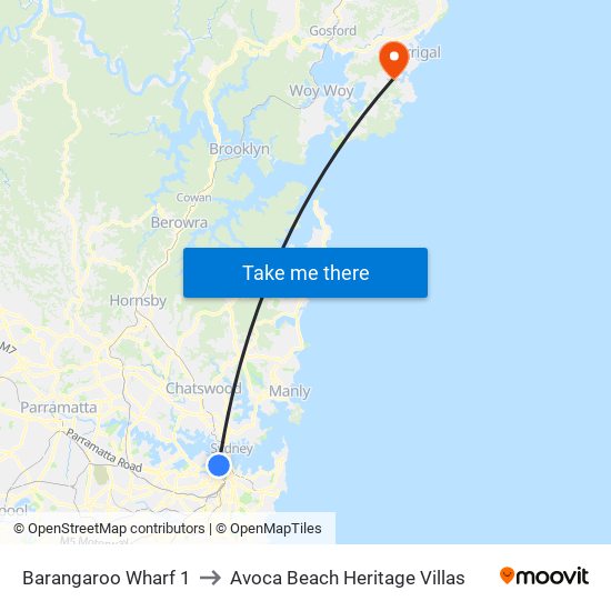 Barangaroo Wharf 1 to Avoca Beach Heritage Villas map