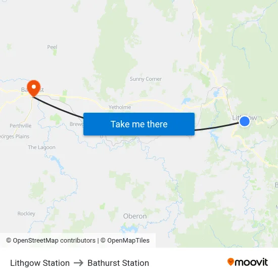 Lithgow Station to Bathurst Station map