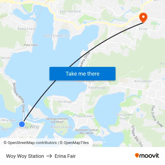 Woy Woy Station to Erina Fair map