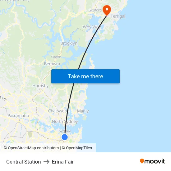 Central Station to Erina Fair map
