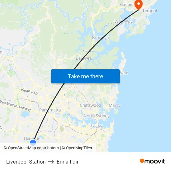 Liverpool Station to Erina Fair map