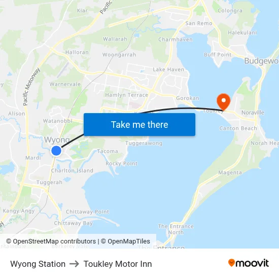 Wyong Station to Toukley Motor Inn map