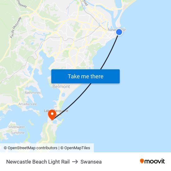 Newcastle Beach Light Rail to Swansea map