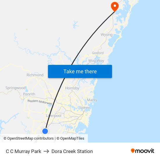 C C Murray Park to Dora Creek Station map