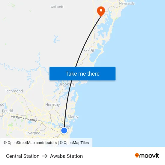 Central Station to Awaba Station map