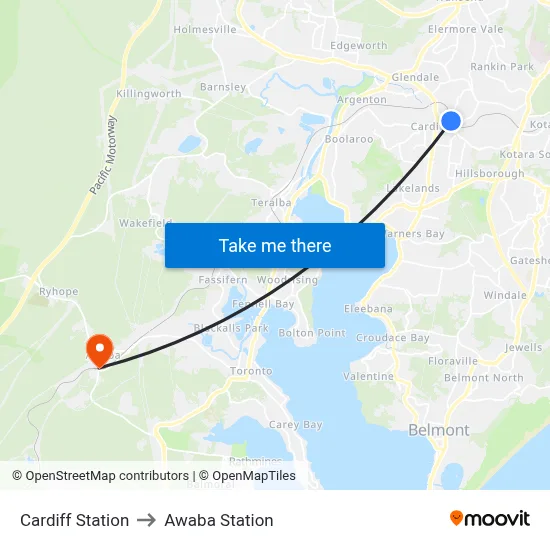Cardiff Station to Awaba Station map