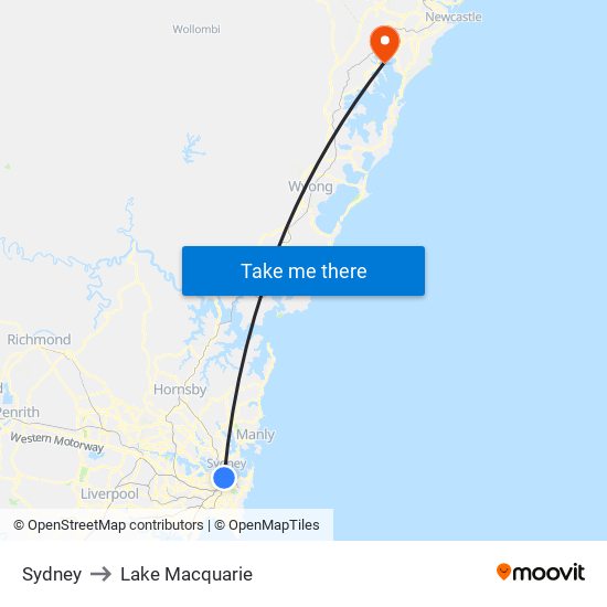 Sydney to Lake Macquarie map