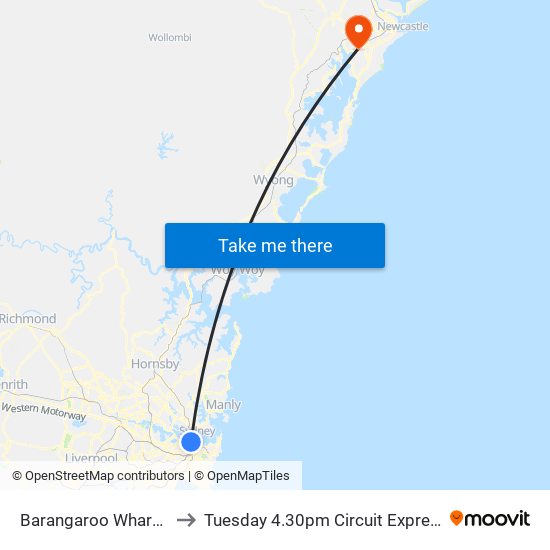 Barangaroo Wharf 2 to Tuesday 4.30pm Circuit Express map