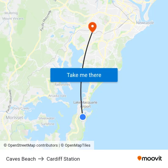 Caves Beach to Cardiff Station map