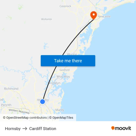 Hornsby to Cardiff Station map