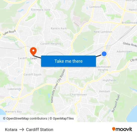 Kotara to Cardiff Station map