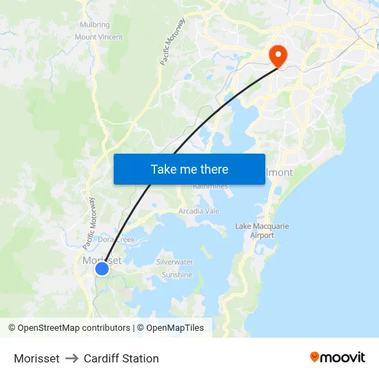 Morisset to Cardiff Station map