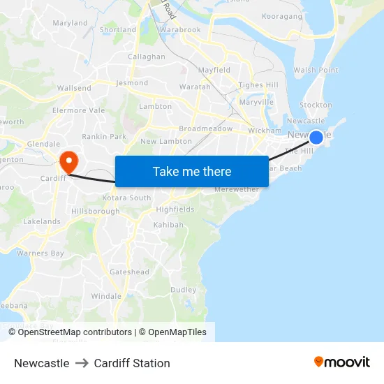 Newcastle to Cardiff Station map