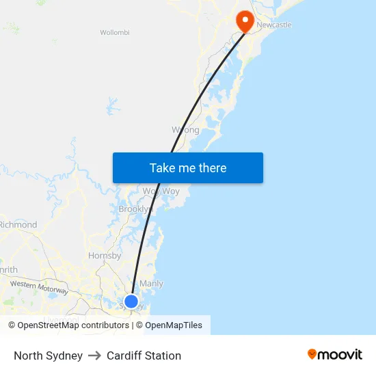 North Sydney to Cardiff Station map