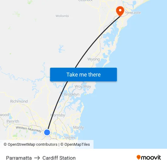 Parramatta to Cardiff Station map
