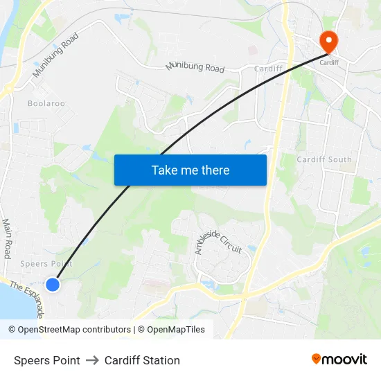 Speers Point to Cardiff Station map