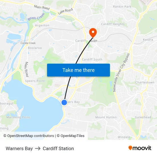Warners Bay to Cardiff Station map