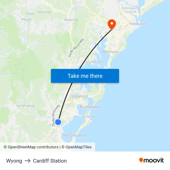 Wyong to Cardiff Station map