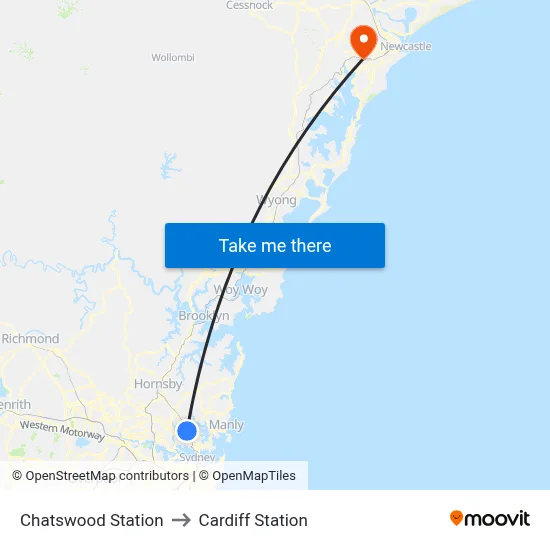 Chatswood Station to Cardiff Station map