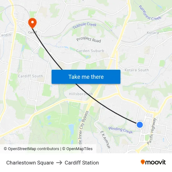 Charlestown Square to Cardiff Station map