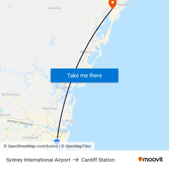 Sydney International Airport to Cardiff Station map