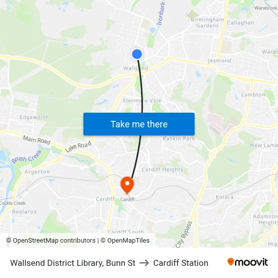 Wallsend District Library, Bunn St to Cardiff Station map