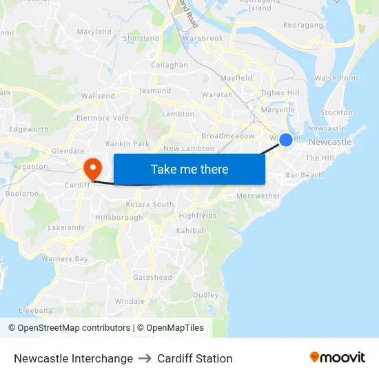 Newcastle Interchange to Cardiff Station map