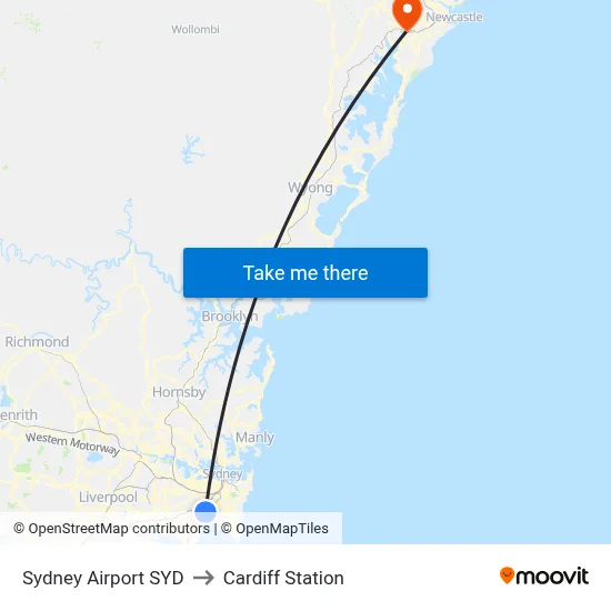 Sydney Airport SYD to Cardiff Station map